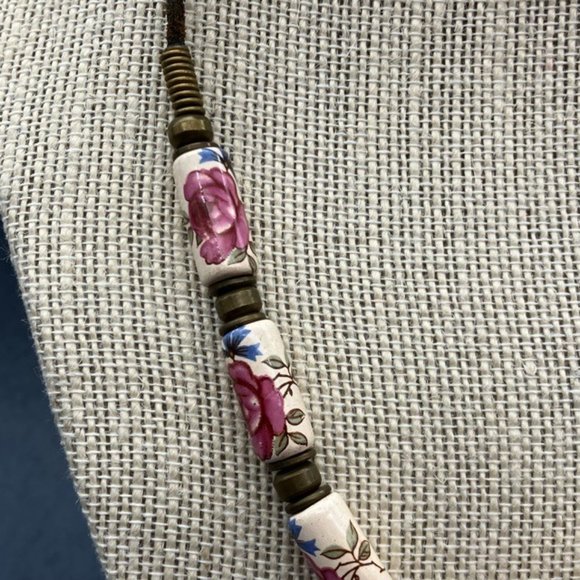 Floral Beaded Necklace Ceramic Pink Rose Cream Blue Green Bronze Cord Soft Girl - Picture 2 of 9